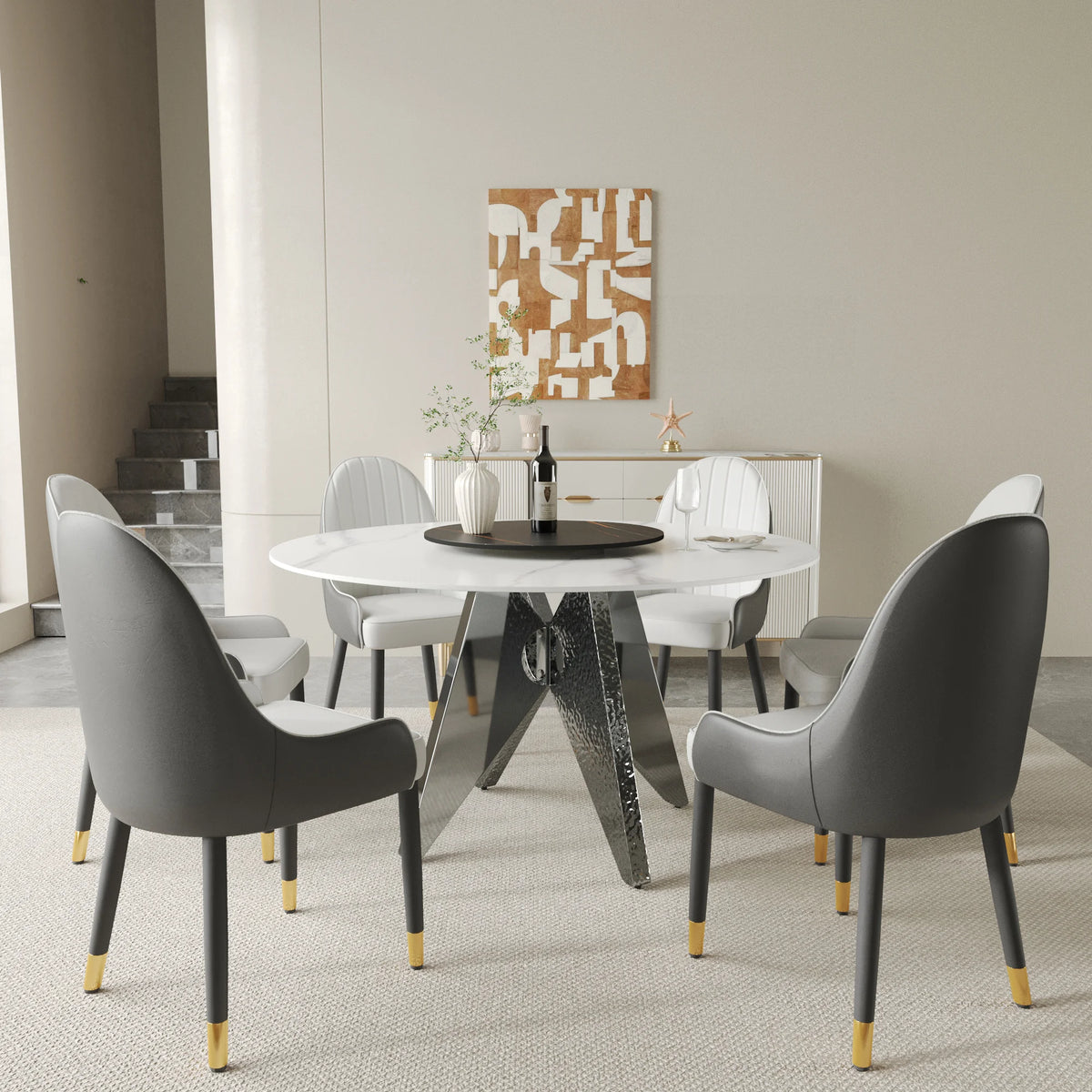 Marbella Sintered Stone Dining Table | 53" White Gloss Round With Lazy Susan Turntable