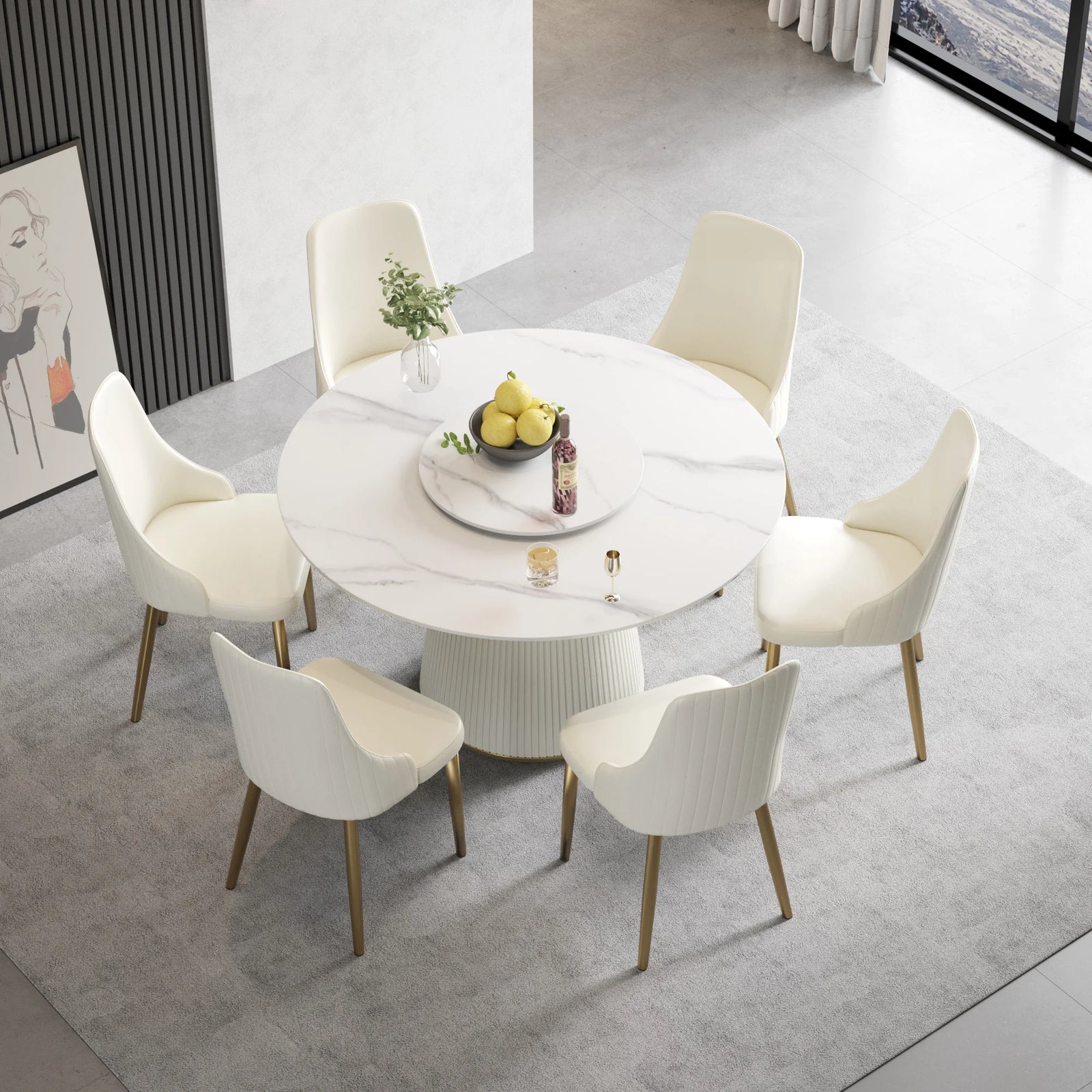 Marbella Sintered Stone Dining Table | 53" White Gloss Round With Lazy Susan Turntable
