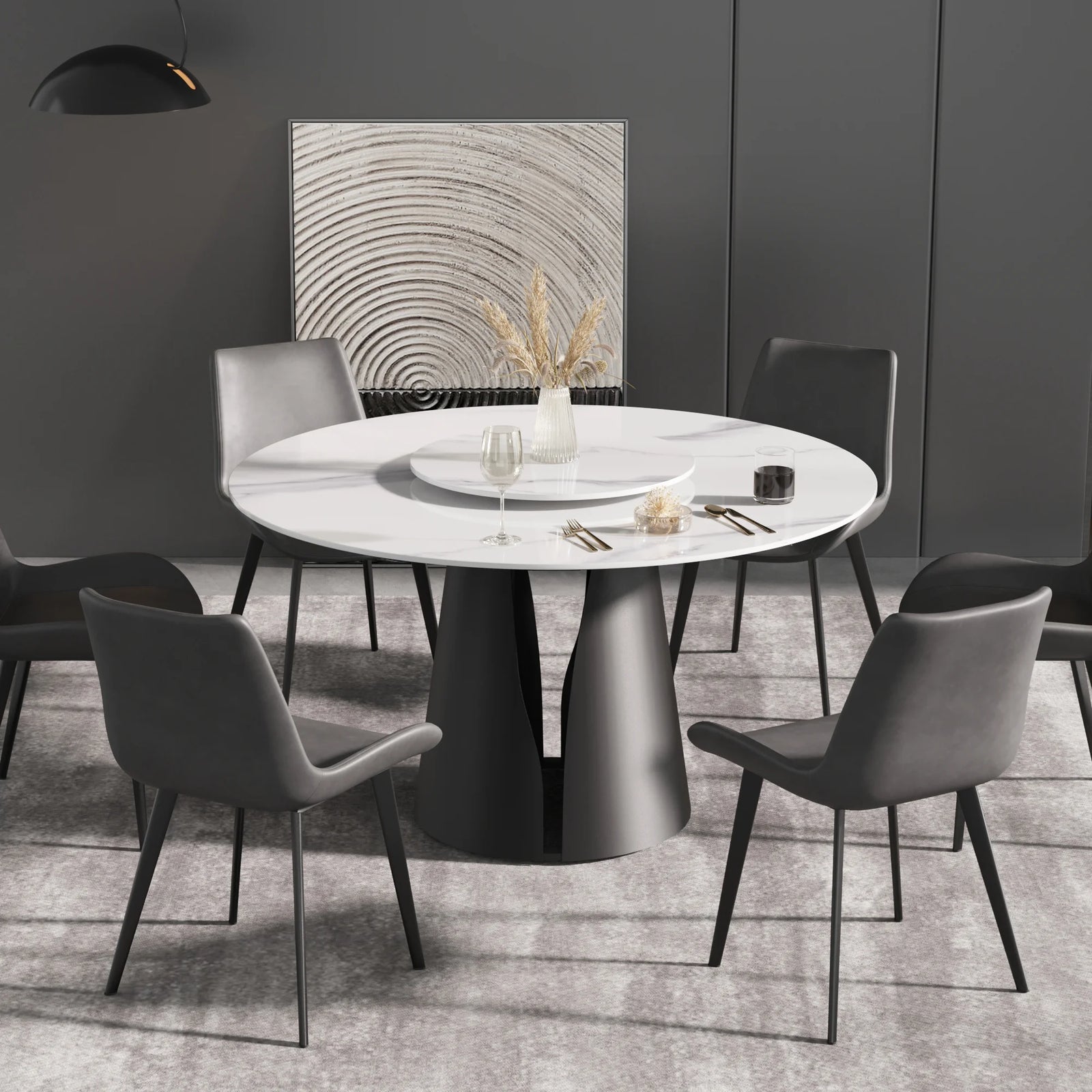 Mesa de comedor Marbella de piedra sinterizada | Redonda de 135 cm (53") en blanco brillante con plato giratorio Lazy Susan