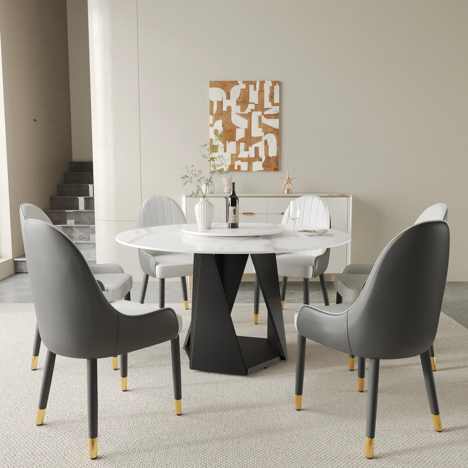 Mesa de comedor Marbella de piedra sinterizada | Redonda de 135 cm (53") en blanco brillante con plato giratorio Lazy Susan