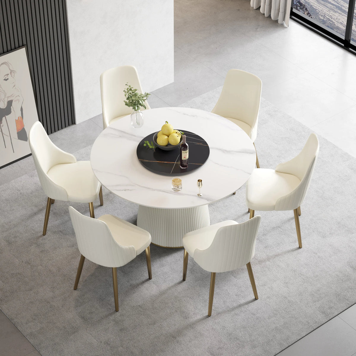 Mesa de comedor Marbella de piedra sinterizada | Redonda de 135 cm (53") en blanco brillante con plato giratorio Lazy Susan