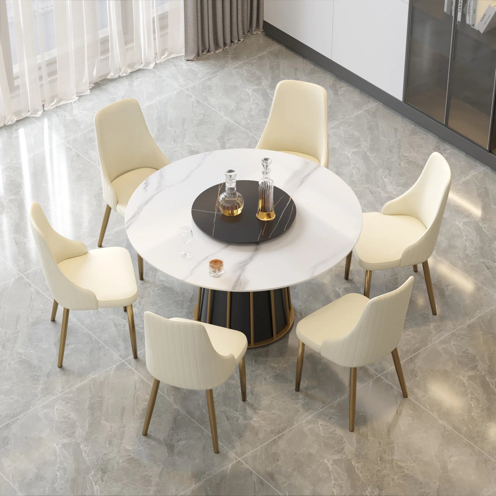 Mesa de comedor Marbella de piedra sinterizada | Redonda de 135 cm (53") en blanco brillante con plato giratorio Lazy Susan