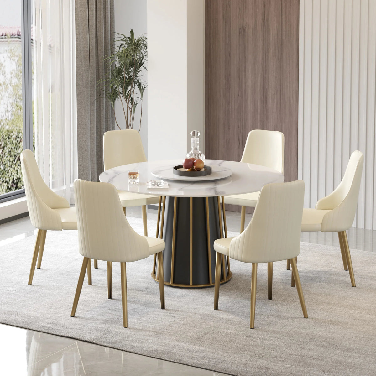 Marbella Sintered Stone Dining Table | 53" White Gloss Round With Lazy Susan Turntable