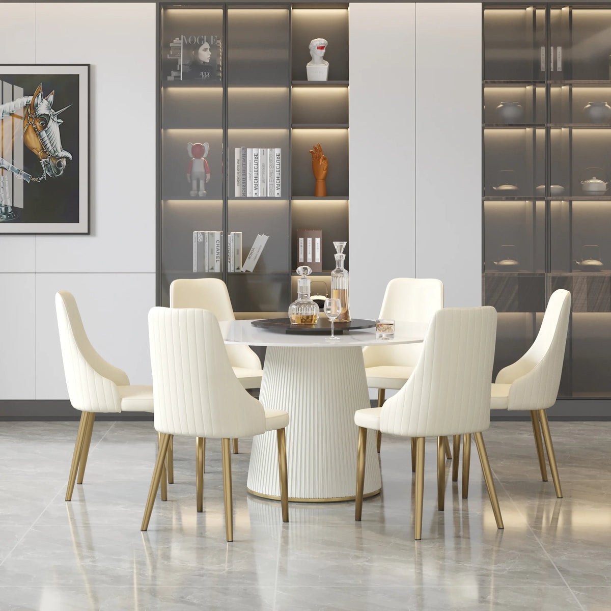 Mesa de comedor Marbella de piedra sinterizada | Redonda de 135 cm (53") en blanco brillante con plato giratorio Lazy Susan