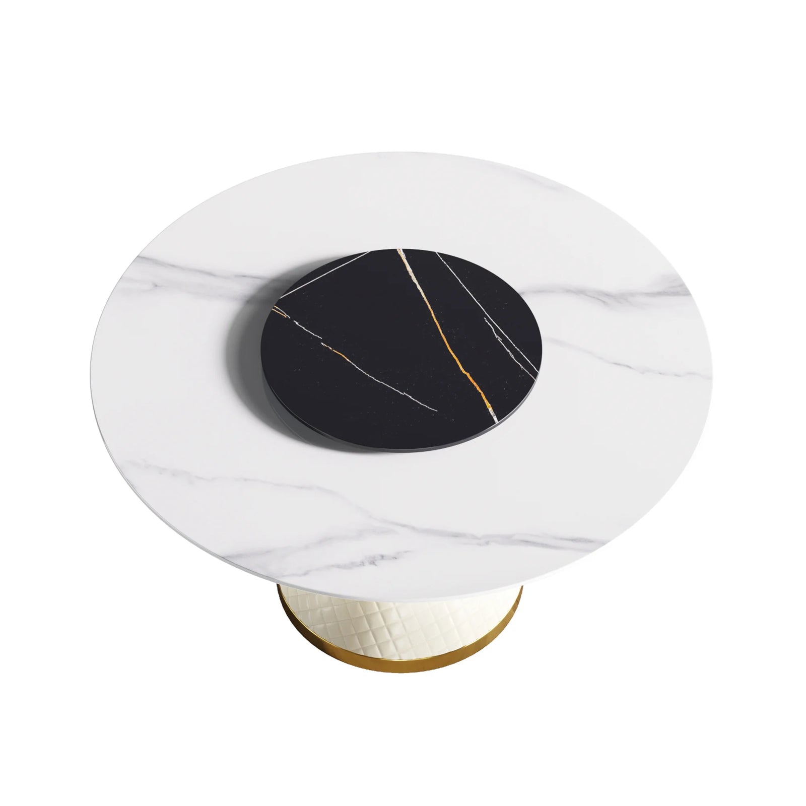 Mesa de comedor Marbella de piedra sinterizada | Redonda de 135 cm (53") en blanco brillante con plato giratorio Lazy Susan