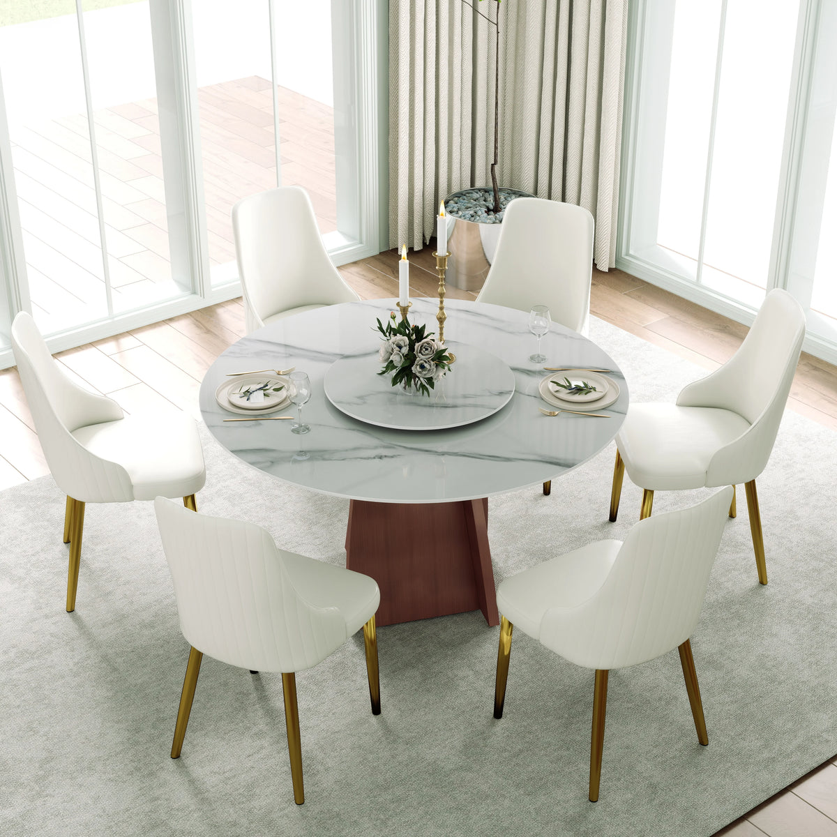 Mesa de comedor Marbella de piedra sinterizada | Redonda de 135 cm (53") en blanco brillante con plato giratorio Lazy Susan
