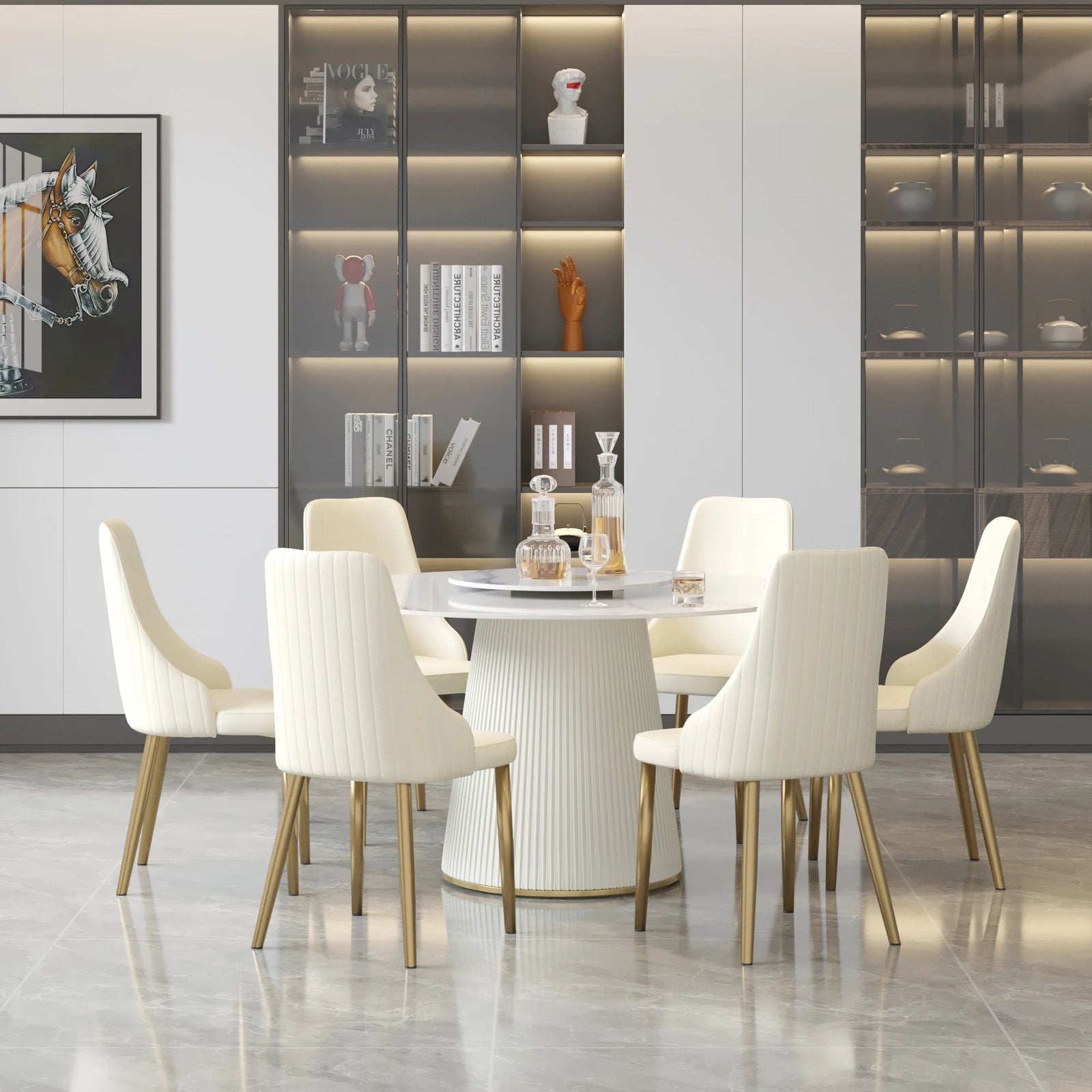 Marbella Sintered Stone Dining Table | 53" White Gloss Round With Lazy Susan Turntable