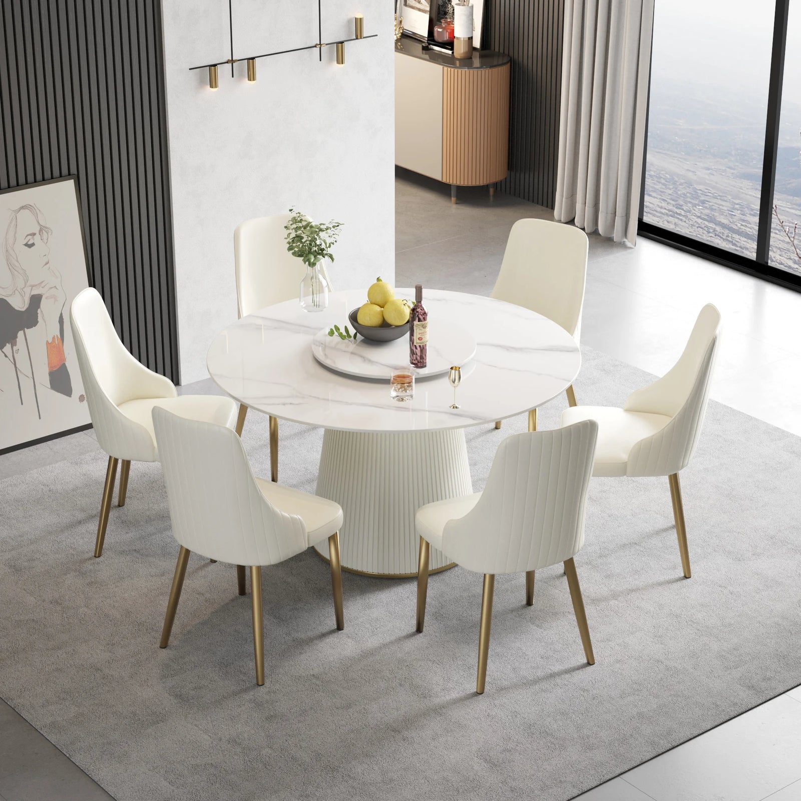 Marbella Sintered Stone Dining Table | 53" White Gloss Round With Lazy Susan Turntable