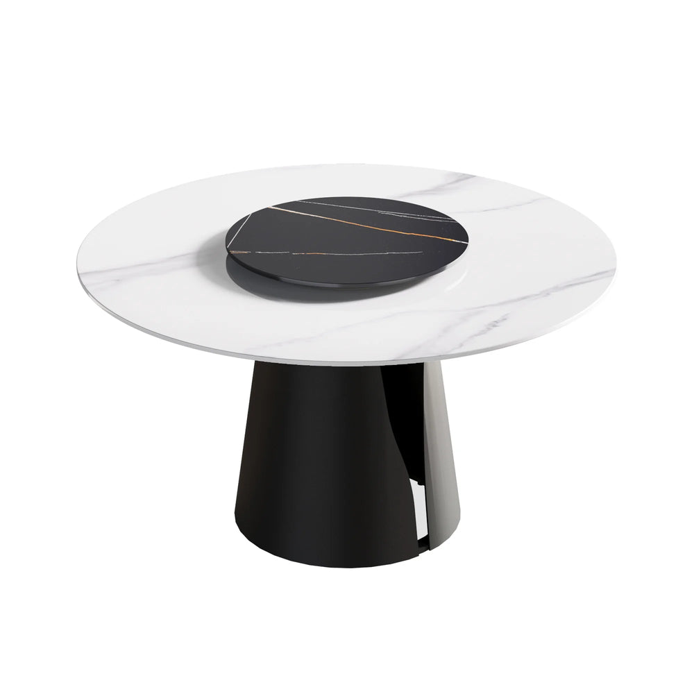 Marbella Sintered Stone Dining Table | 53" White Gloss Round With Lazy Susan Turntable