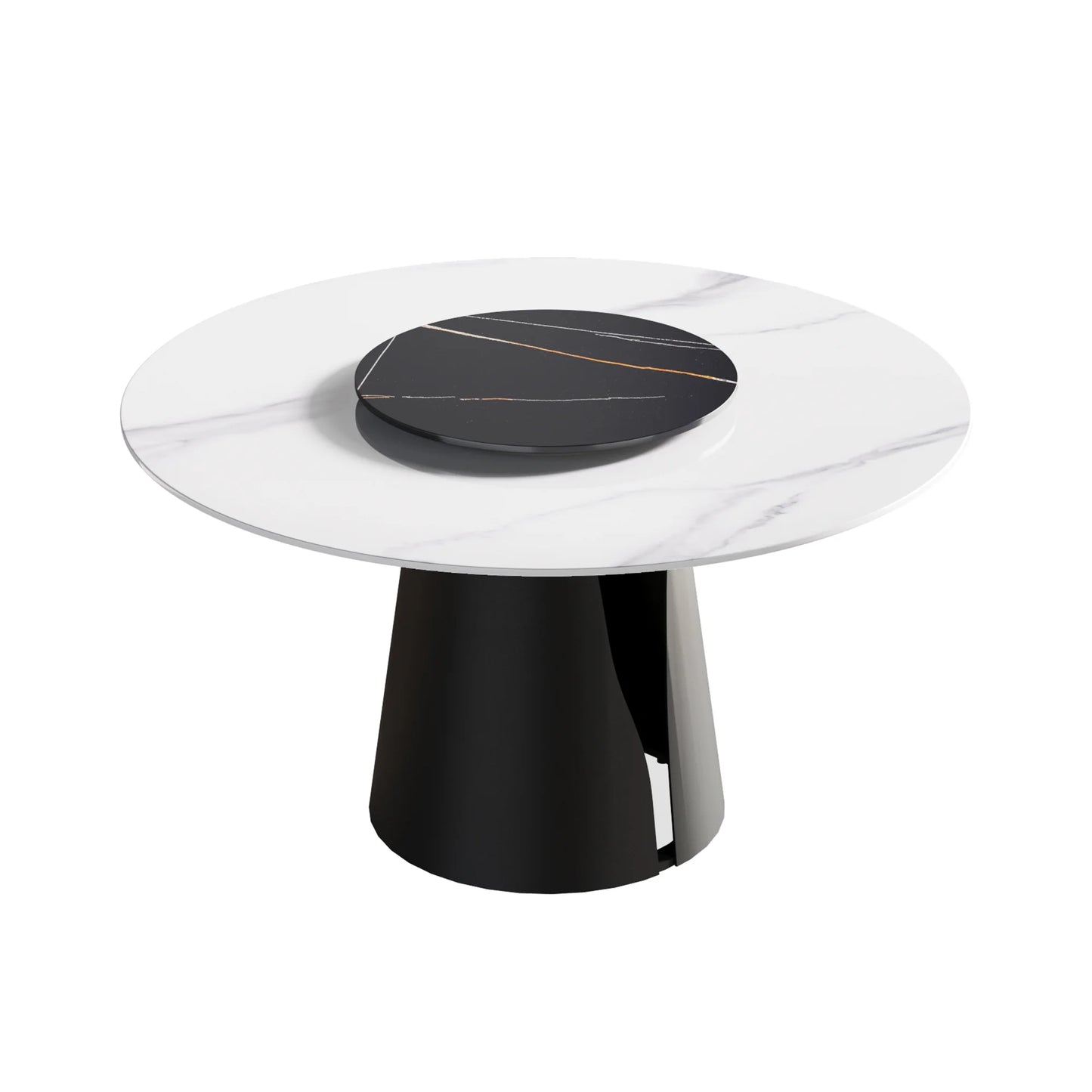 Marbella Sintered Stone Dining Table | 53" White Gloss Round With Lazy Susan Turntable