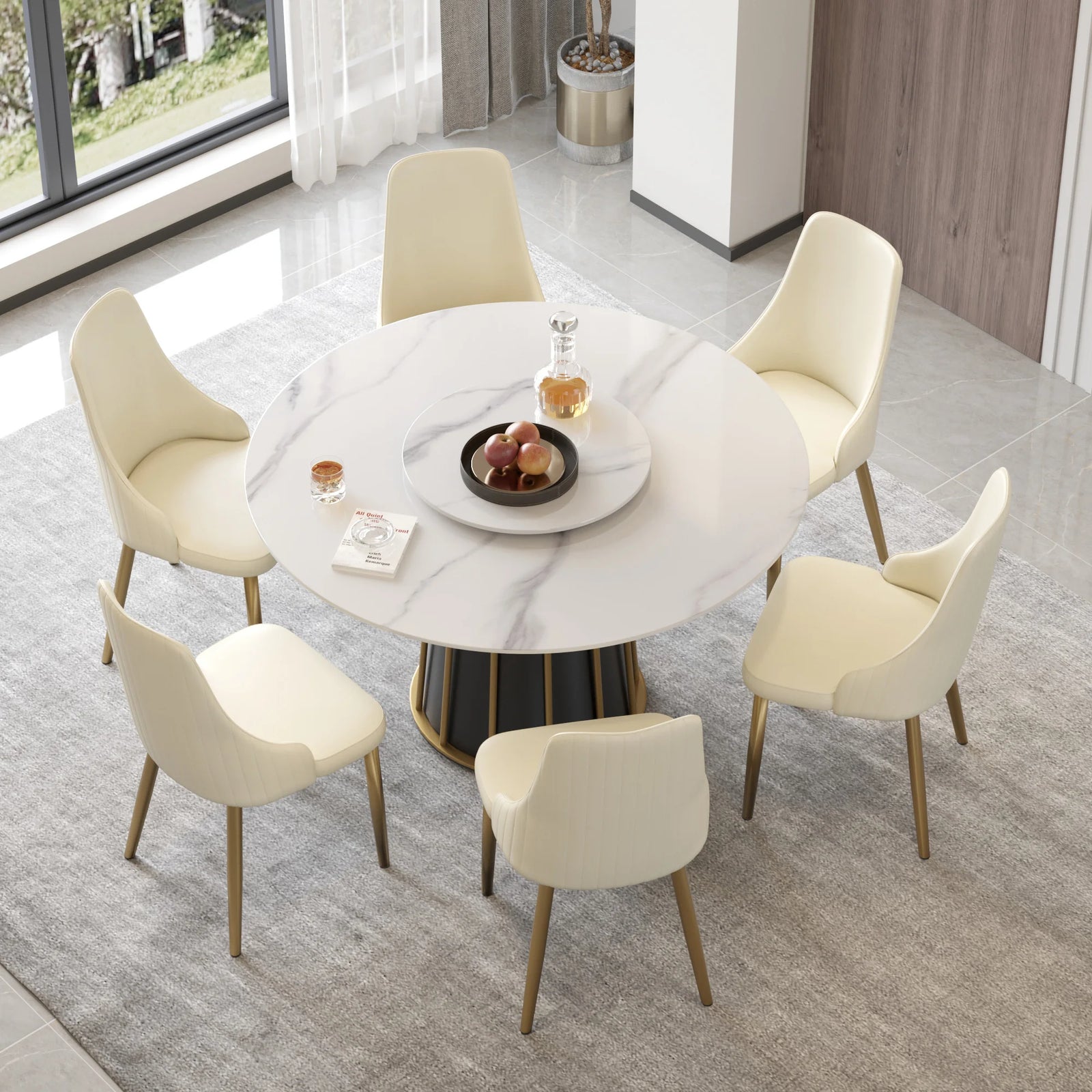 Mesa de comedor Marbella de piedra sinterizada | Redonda de 135 cm (53") en blanco brillante con plato giratorio Lazy Susan
