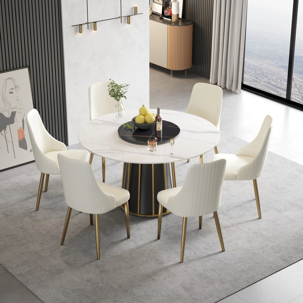 Mesa de comedor Marbella de piedra sinterizada | Redonda de 135 cm (53") en blanco brillante con plato giratorio Lazy Susan
