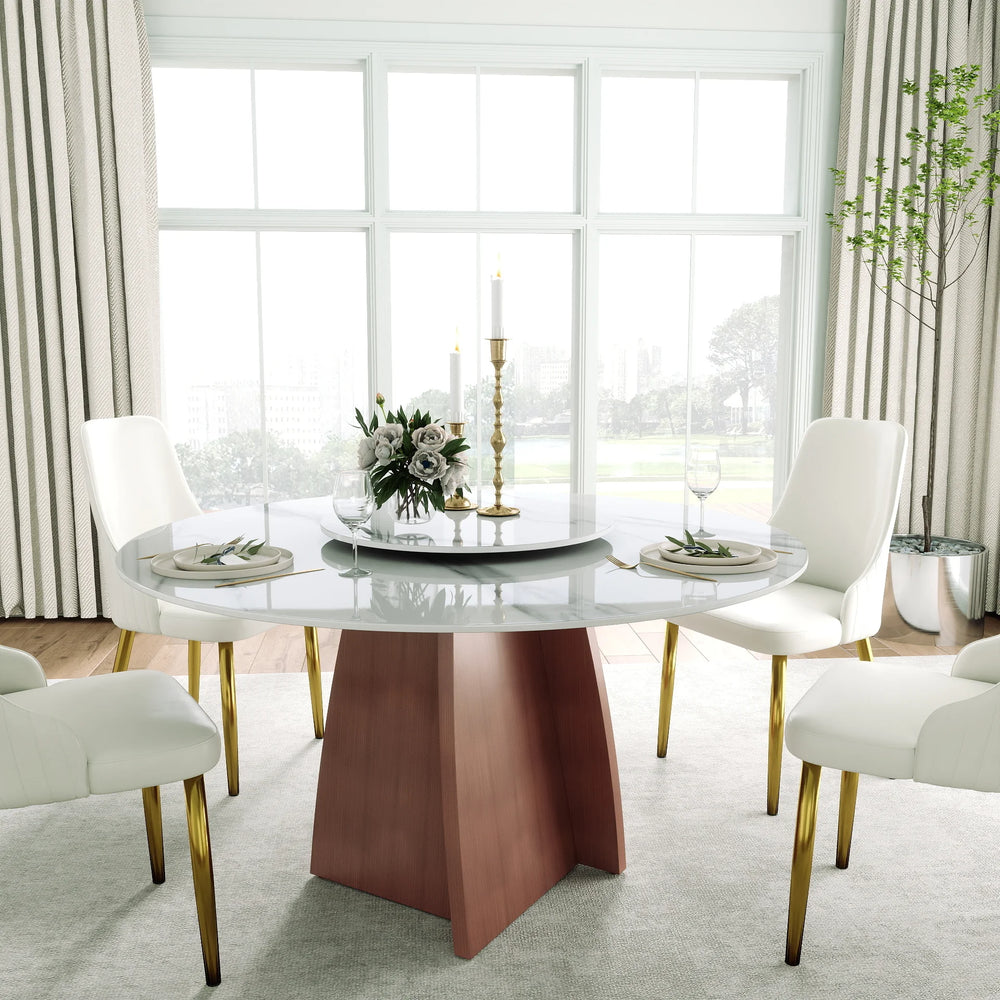 Marbella Sintered Stone Dining Table | 53" White Gloss Round With Lazy Susan Turntable