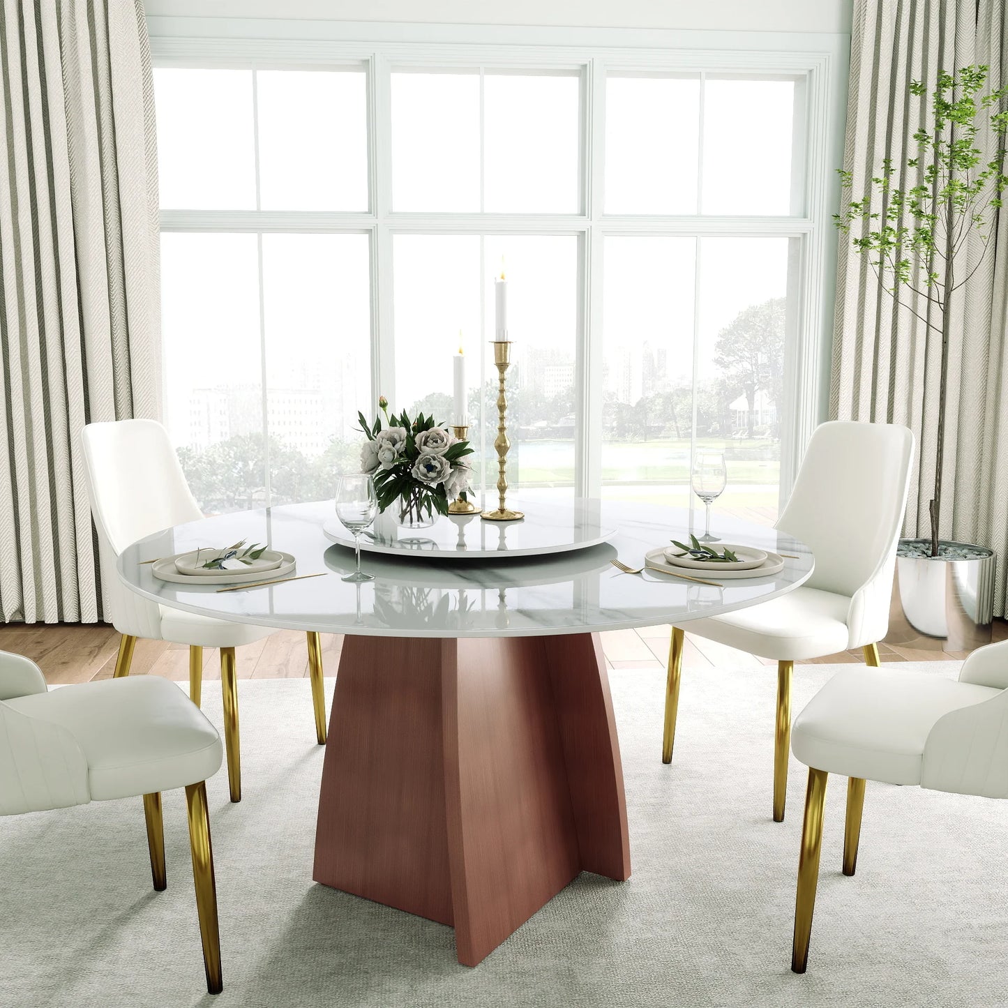 Marbella Sintered Stone Dining Table | 53" White Gloss Round With Lazy Susan Turntable