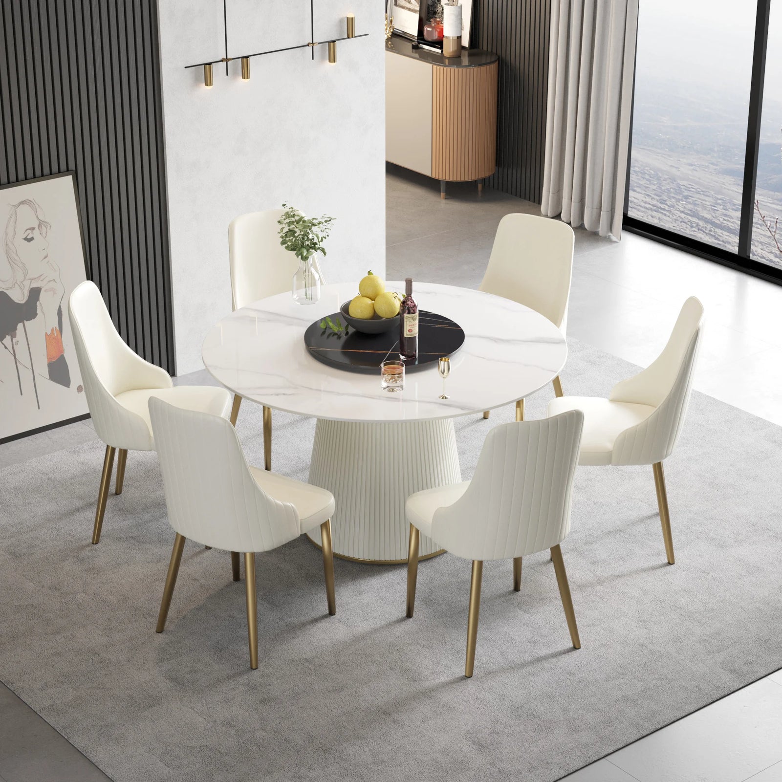 Mesa de comedor Marbella de piedra sinterizada | Redonda de 135 cm (53") en blanco brillante con plato giratorio Lazy Susan