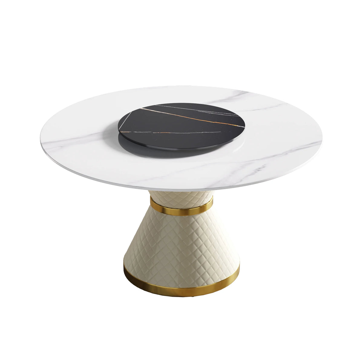 Marbella Sintered Stone Dining Table | 53" White Gloss Round With Lazy Susan Turntable