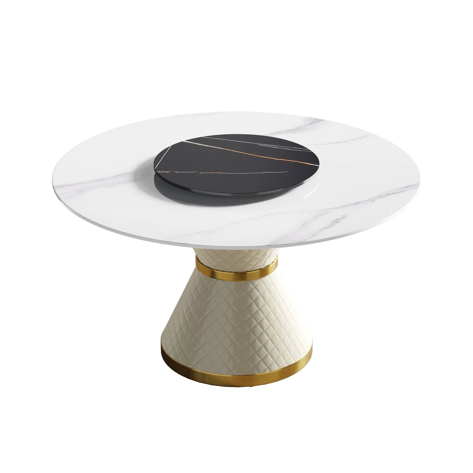 Mesa de comedor Marbella de piedra sinterizada | Redonda de 135 cm (53") en blanco brillante con plato giratorio Lazy Susan