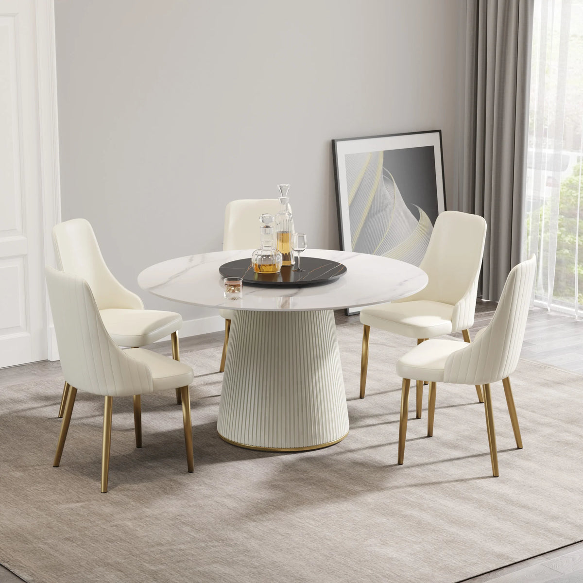 Mesa de comedor Marbella de piedra sinterizada | Redonda de 135 cm (53") en blanco brillante con plato giratorio Lazy Susan