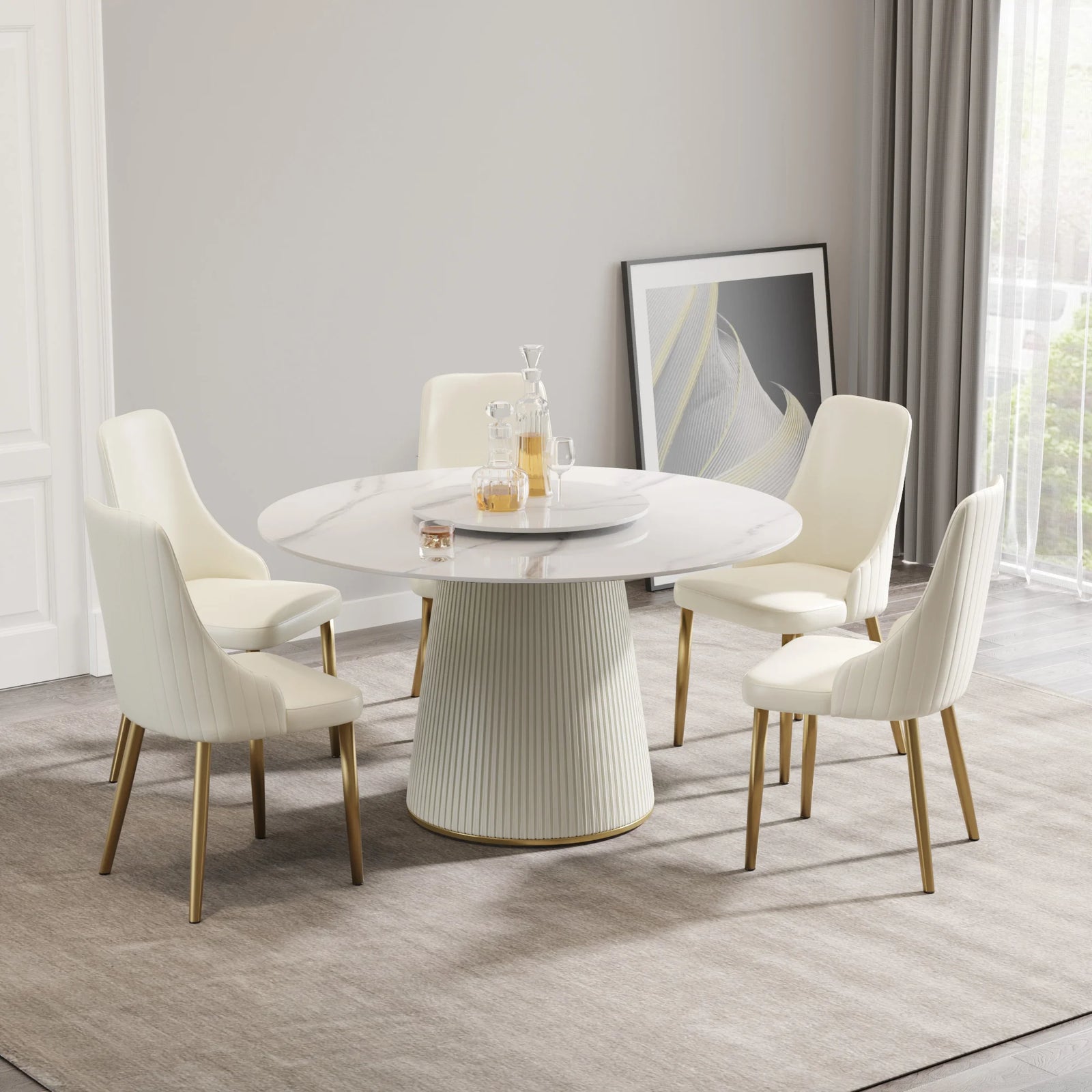 Marbella Sintered Stone Dining Table | 53" White Gloss Round With Lazy Susan Turntable