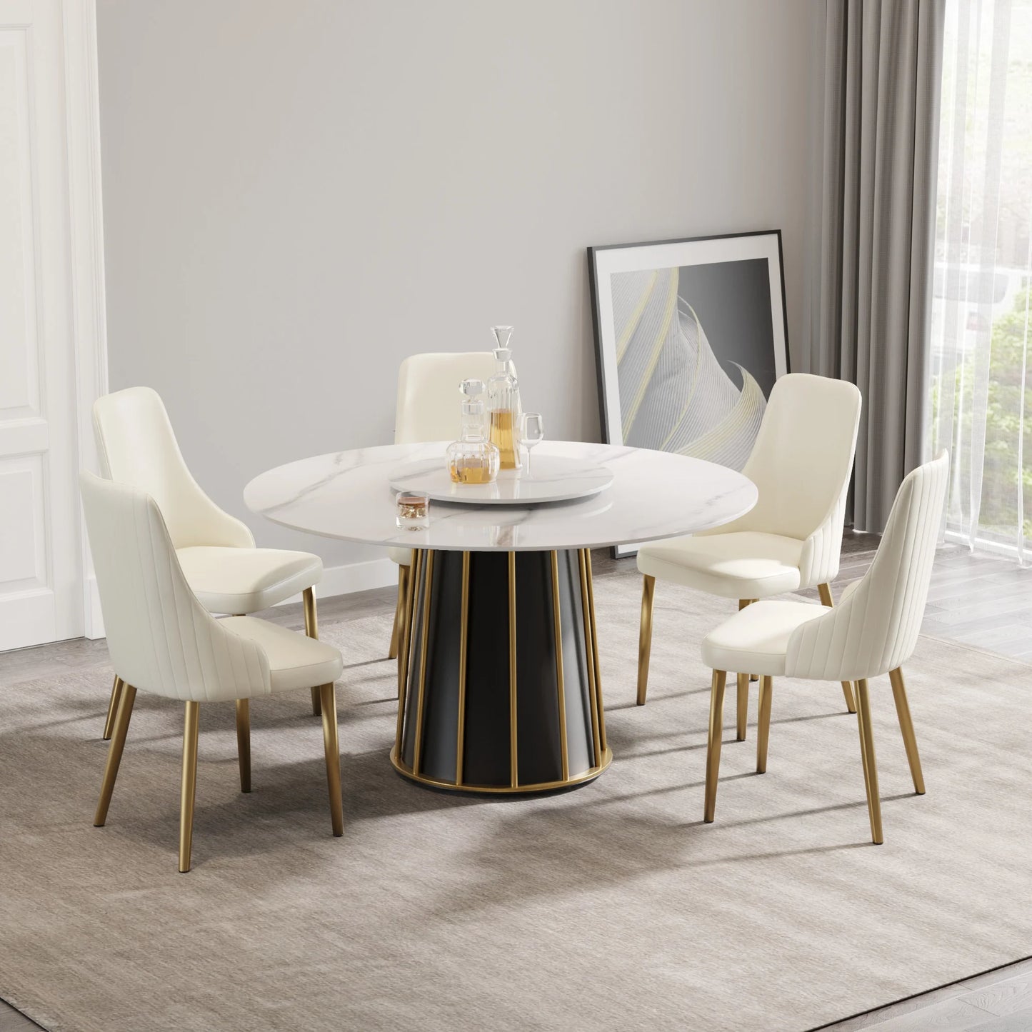 Marbella Sintered Stone Dining Table | 53" White Gloss Round With Lazy Susan Turntable