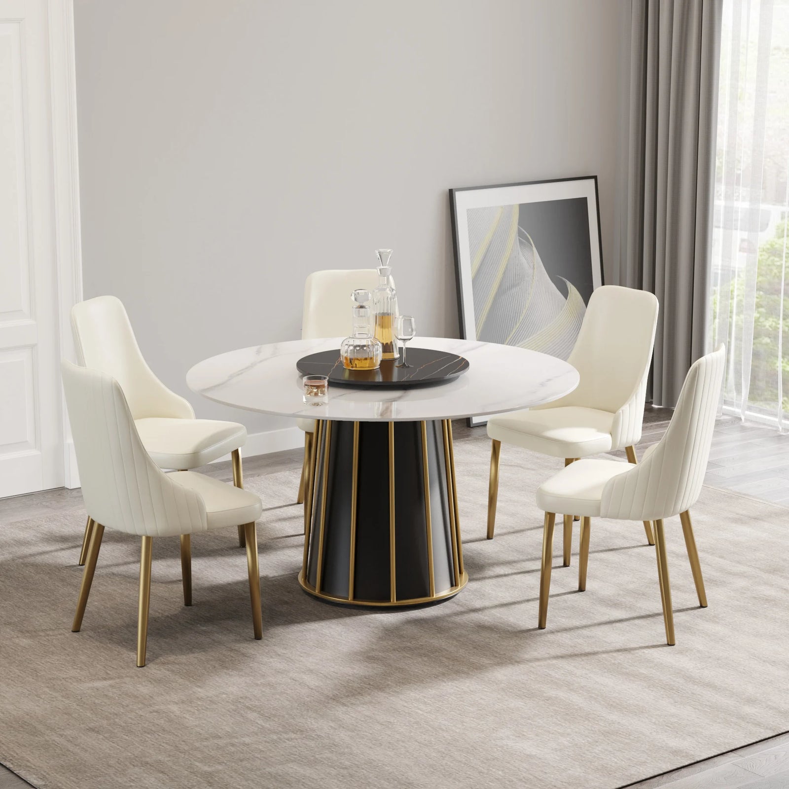 Mesa de comedor Marbella de piedra sinterizada | Redonda de 135 cm (53") en blanco brillante con plato giratorio Lazy Susan