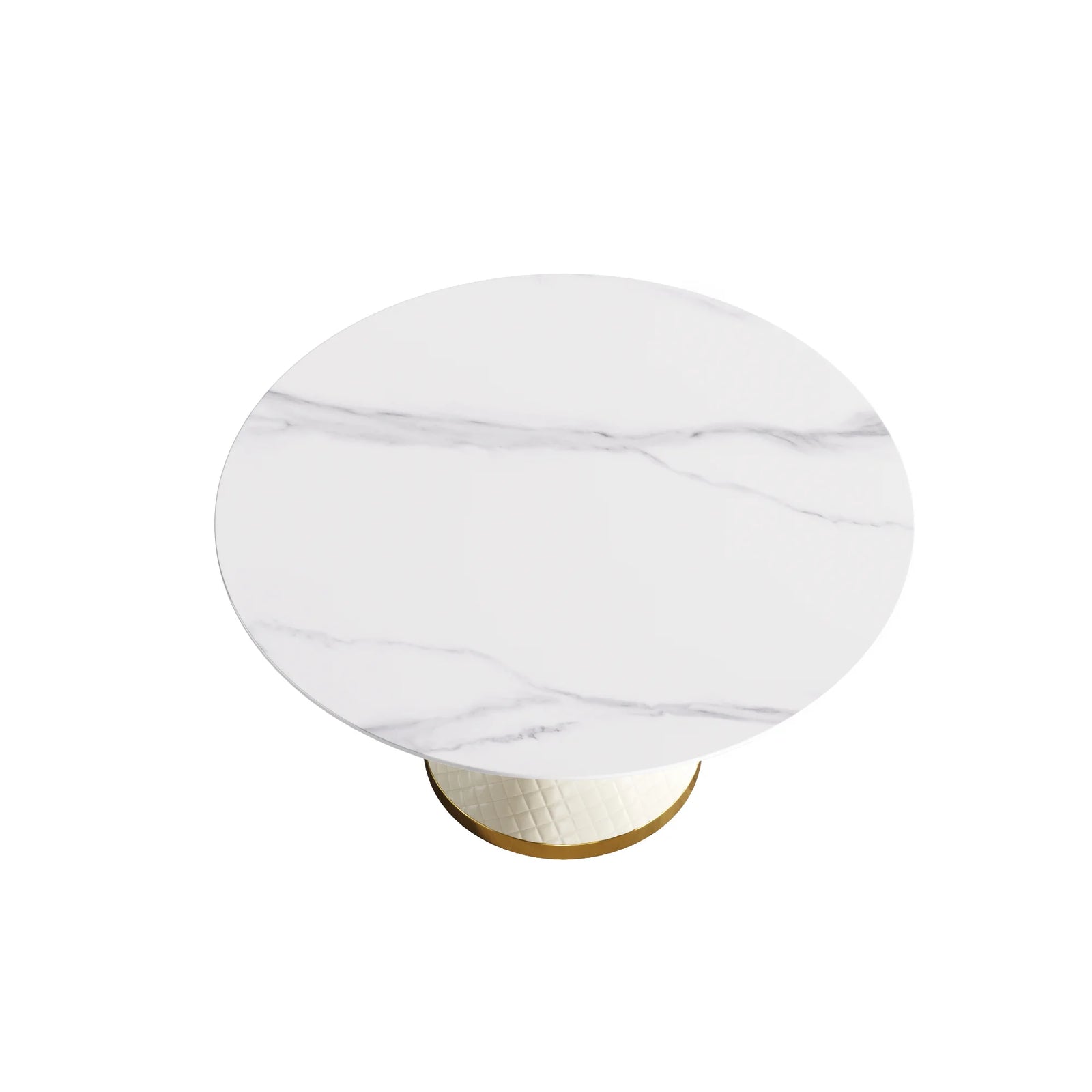 Mesa de comedor Marbella de piedra sinterizada | Redonda de 135 cm (53"), blanca brillante, con base revestida de cuero.