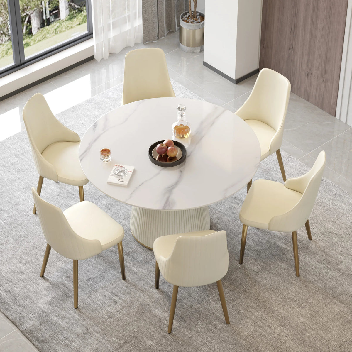 Mesa de comedor Marbella de piedra sinterizada | Redonda de 135 cm (53"), blanca brillante, con base revestida de cuero.