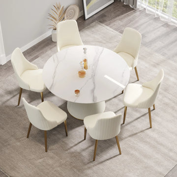 Mesa de comedor Marbella de piedra sinterizada | Redonda de 135 cm (53"), blanca brillante, con base revestida de cuero.