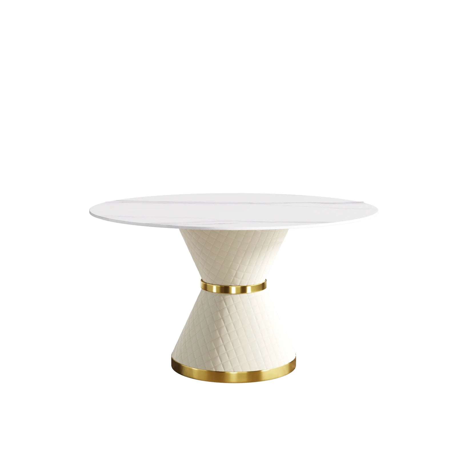 Mesa de comedor Marbella de piedra sinterizada | Redonda de 135 cm (53"), blanca brillante, con base revestida de cuero.