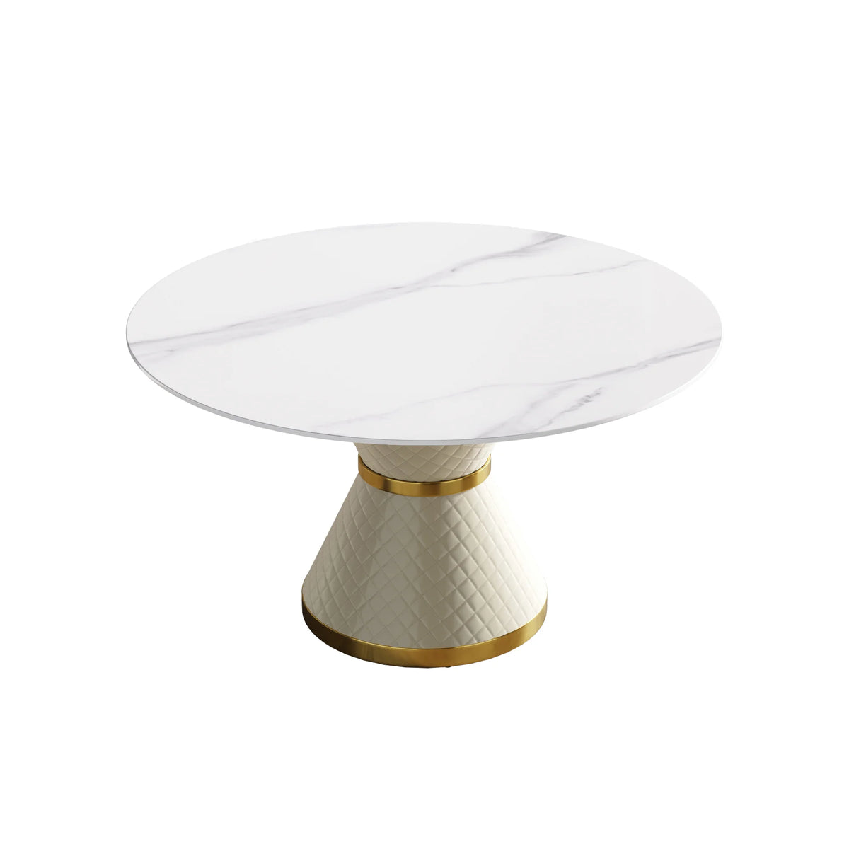Mesa de comedor Marbella de piedra sinterizada | Redonda de 135 cm (53"), blanca brillante, con base revestida de cuero.