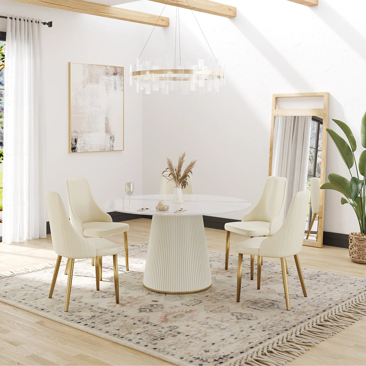 Mesa de comedor Marbella de piedra sinterizada | Redonda de 135 cm (53"), blanca brillante, con base revestida de cuero.