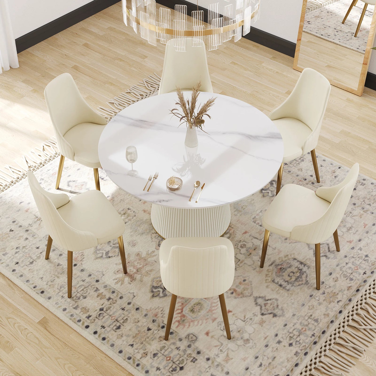 Mesa de comedor Marbella de piedra sinterizada | Redonda de 135 cm (53"), blanca brillante, con base revestida de cuero.