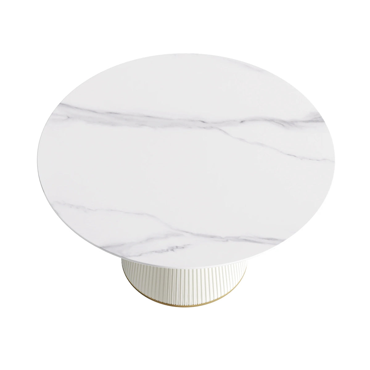 Mesa de comedor Marbella de piedra sinterizada | Redonda de 135 cm (53"), blanca brillante, con base revestida de cuero.