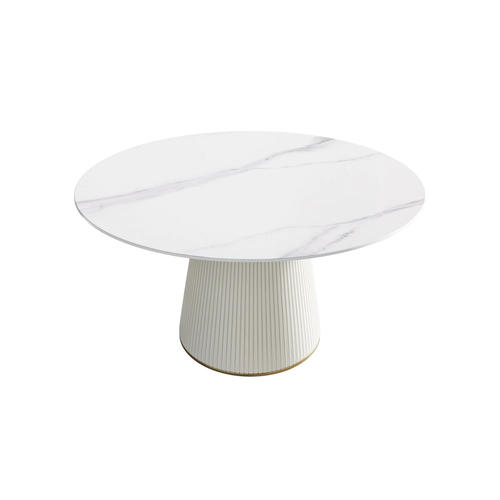 Mesa de comedor Marbella de piedra sinterizada | Redonda de 135 cm (53"), blanca brillante, con base revestida de cuero.