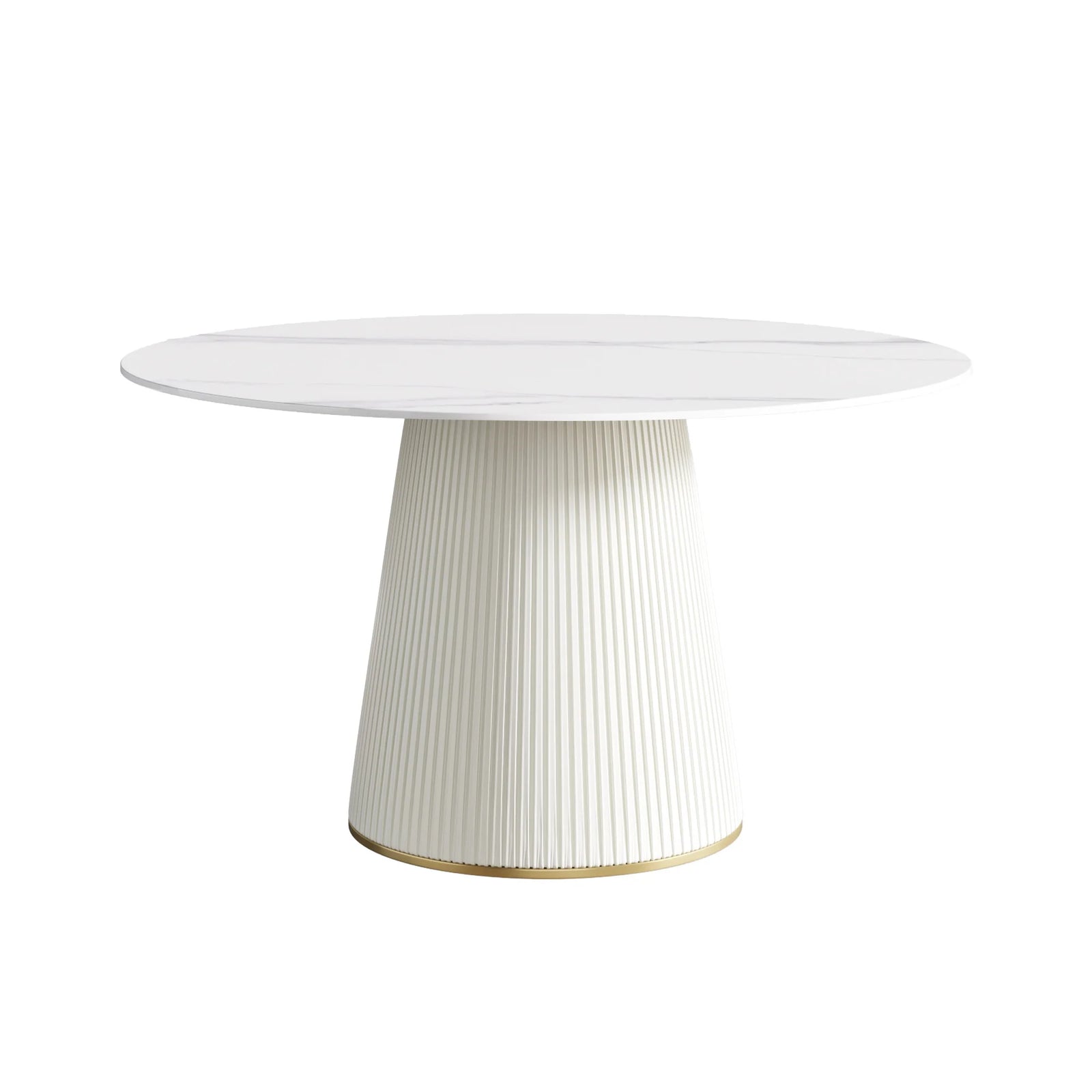 Mesa de comedor Marbella de piedra sinterizada | Redonda de 135 cm (53"), blanca brillante, con base revestida de cuero.