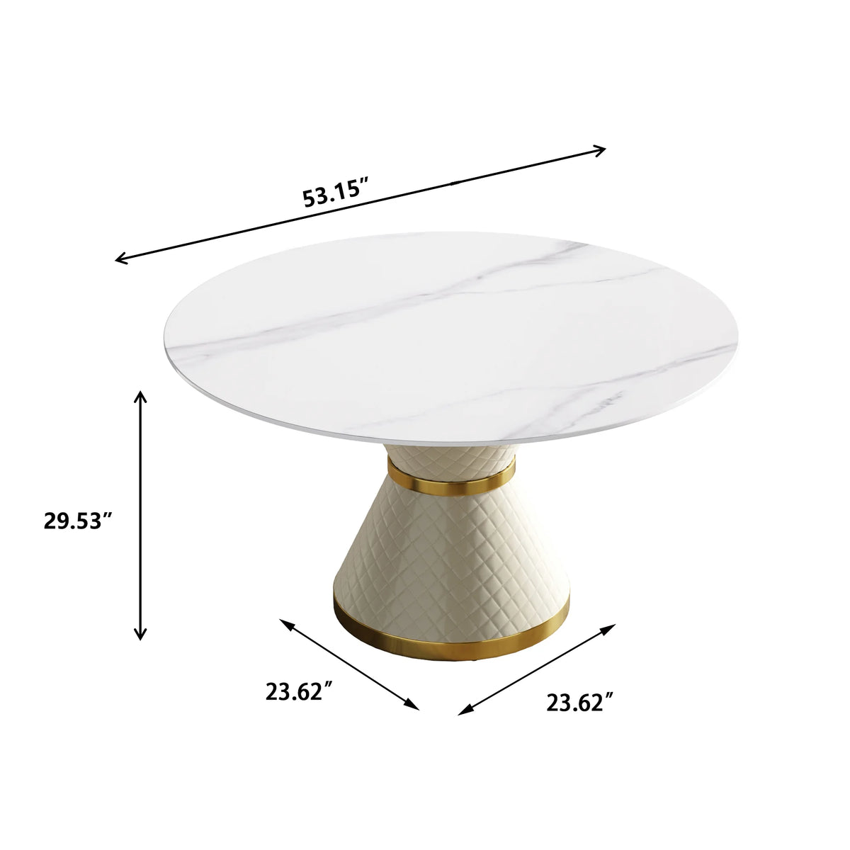 Mesa de comedor Marbella de piedra sinterizada | Redonda de 135 cm (53"), blanca brillante, con base revestida de cuero.