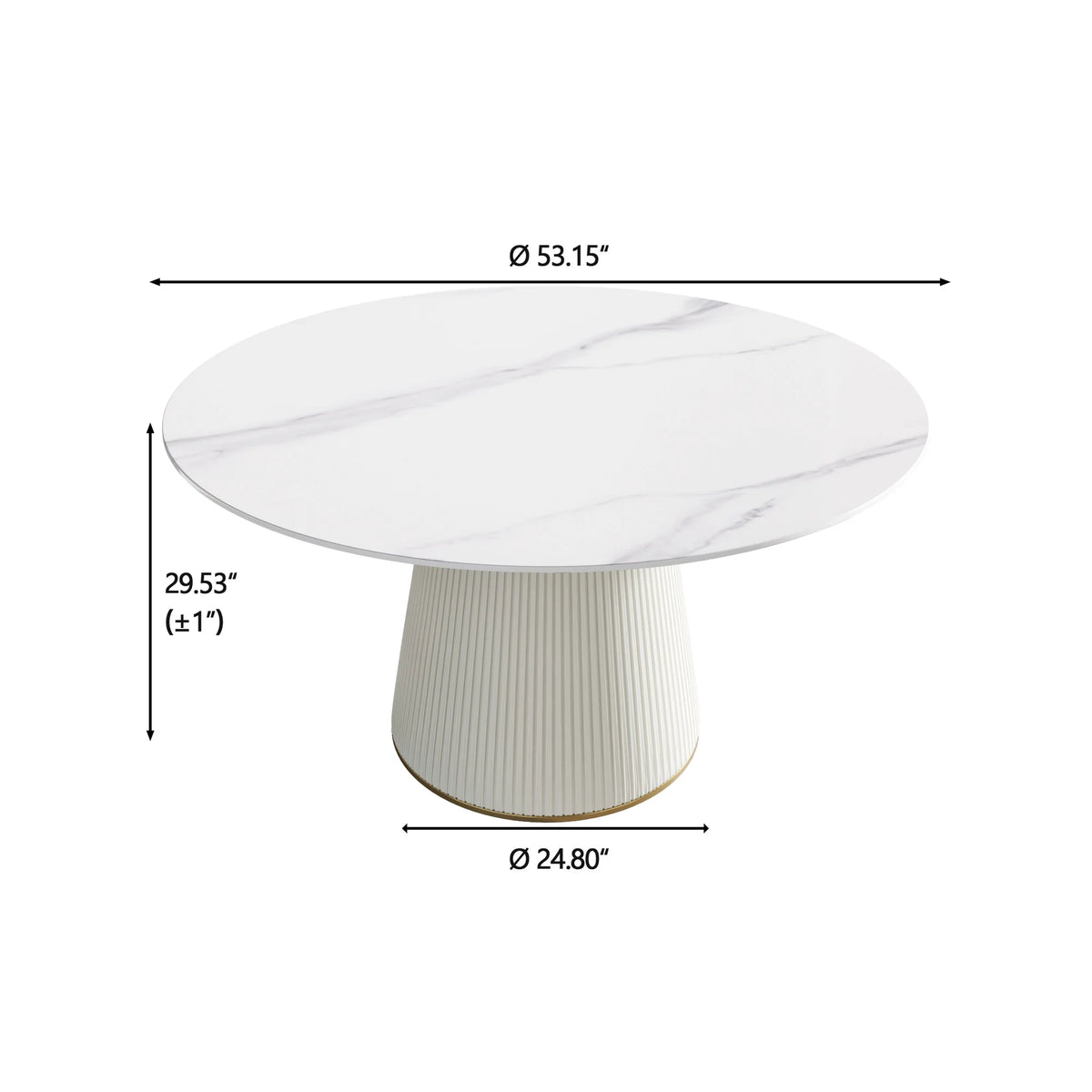 Mesa de comedor Marbella de piedra sinterizada | Redonda de 135 cm (53"), blanca brillante, con base revestida de cuero.