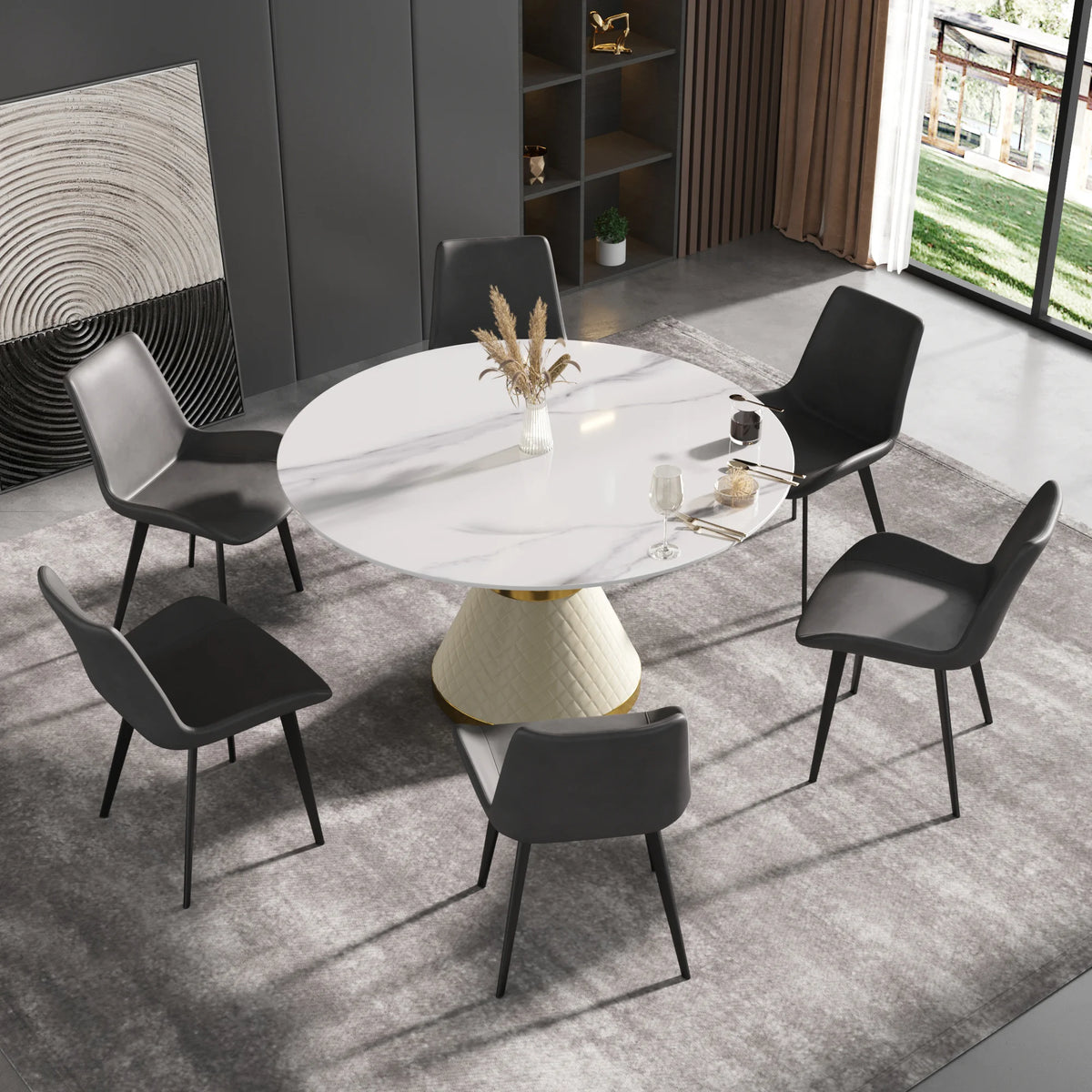 Mesa de comedor Marbella de piedra sinterizada | Redonda de 135 cm (53"), blanca brillante, con base revestida de cuero.