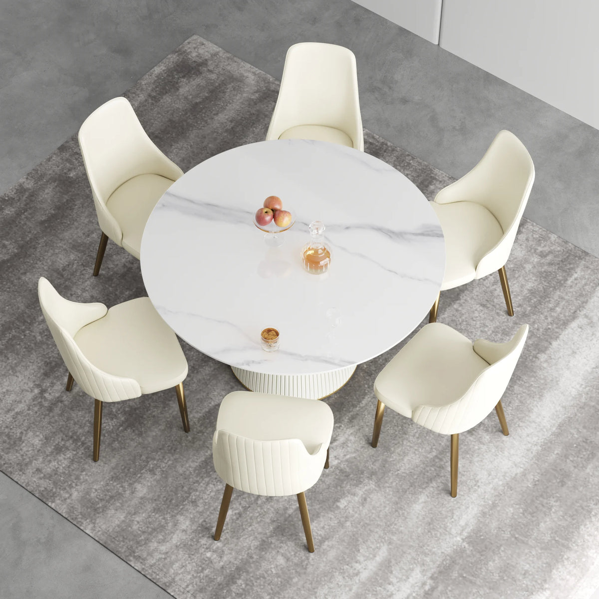 Mesa de comedor Marbella de piedra sinterizada | Redonda de 135 cm (53"), blanca brillante, con base revestida de cuero.