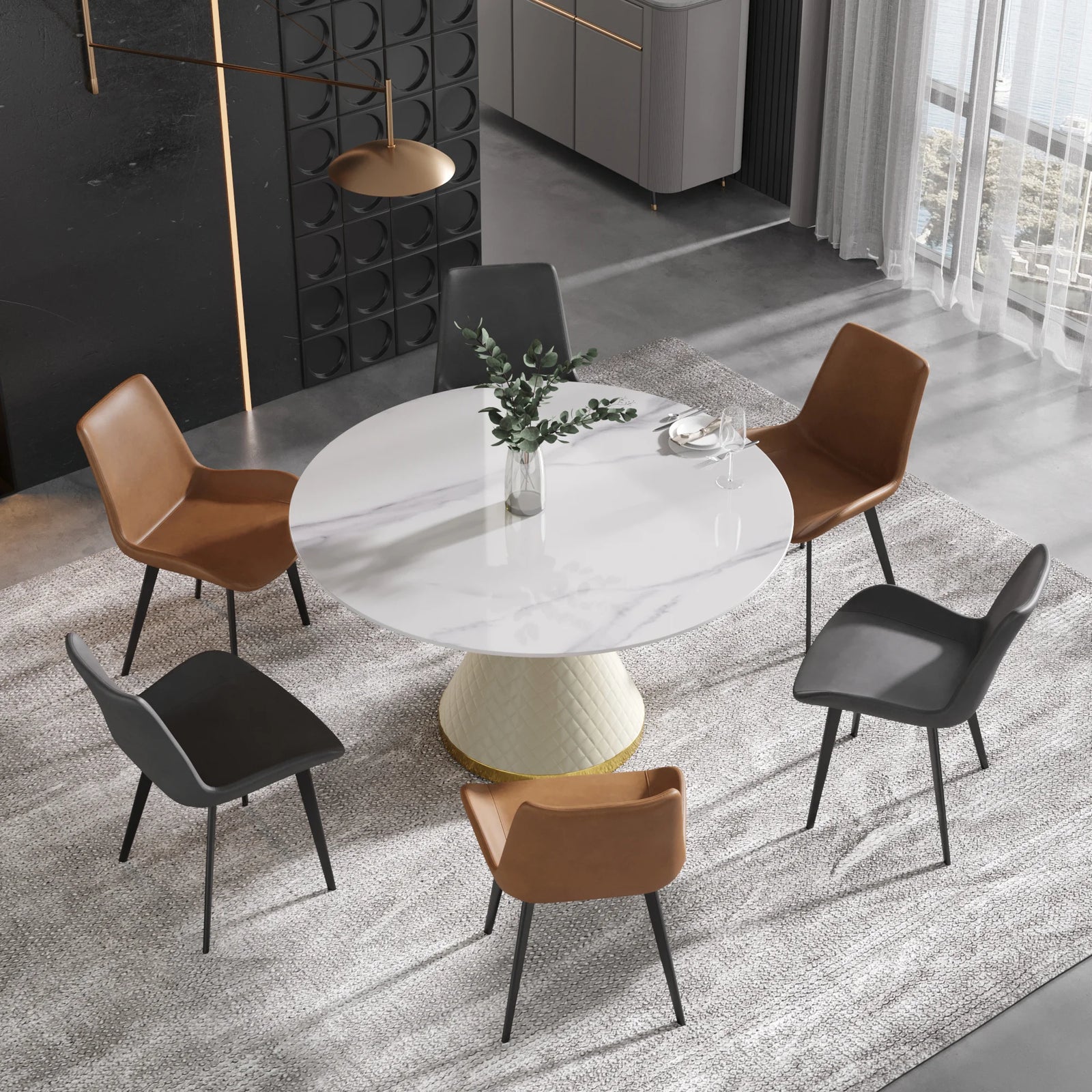 Mesa de comedor Marbella de piedra sinterizada | Redonda de 135 cm (53"), blanca brillante, con base revestida de cuero.