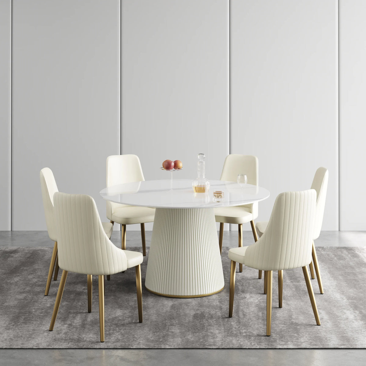 Mesa de comedor Marbella de piedra sinterizada | Redonda de 135 cm (53"), blanca brillante, con base revestida de cuero.