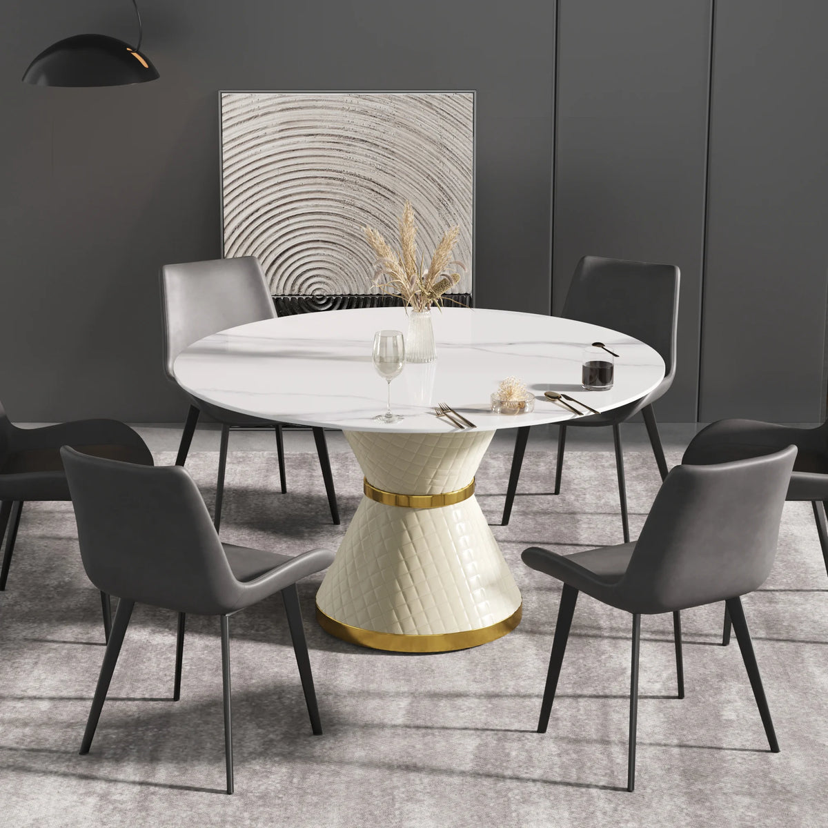Mesa de comedor Marbella de piedra sinterizada | Redonda de 135 cm (53"), blanca brillante, con base revestida de cuero.