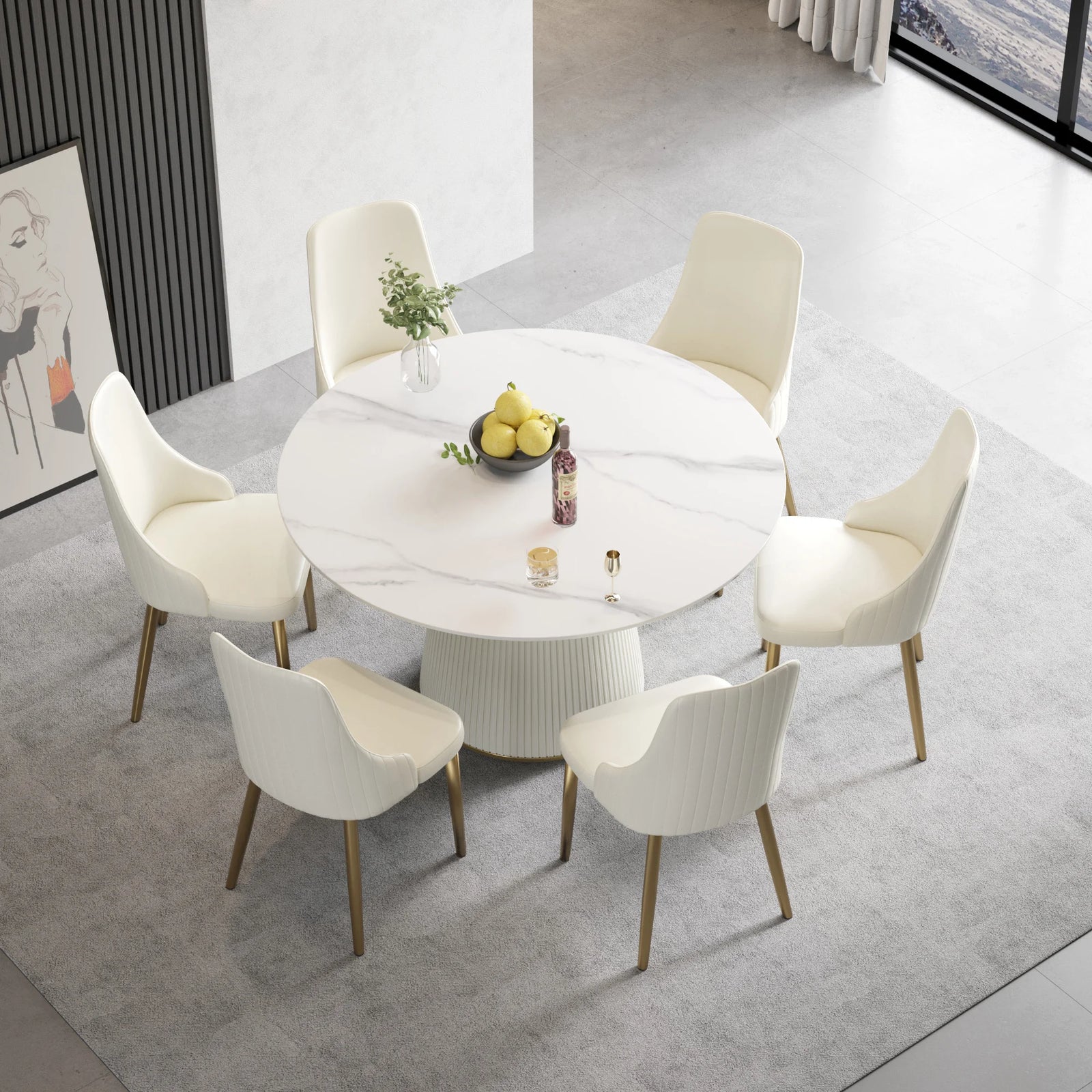 Mesa de comedor Marbella de piedra sinterizada | Redonda de 135 cm (53"), blanca brillante, con base revestida de cuero.