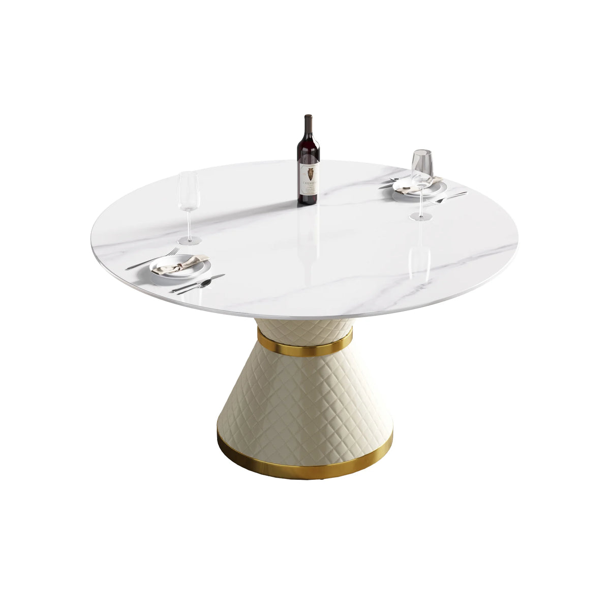Mesa de comedor Marbella de piedra sinterizada | Redonda de 135 cm (53"), blanca brillante, con base revestida de cuero.