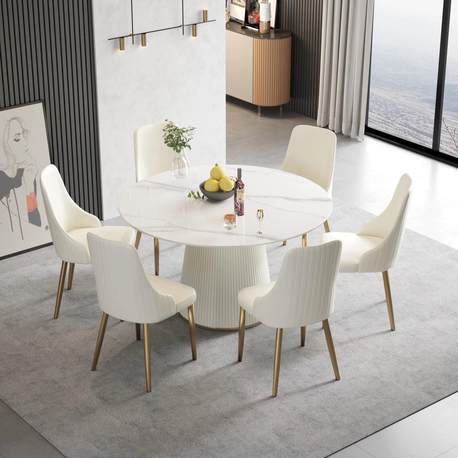 Mesa de comedor Marbella de piedra sinterizada | Redonda de 135 cm (53"), blanca brillante, con base revestida de cuero.