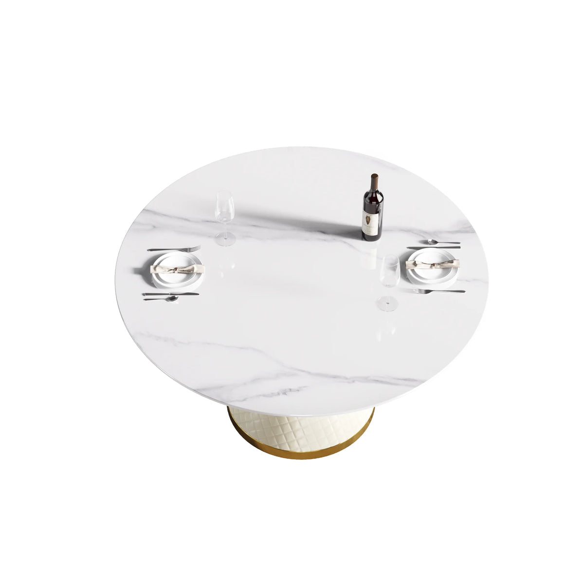 Mesa de comedor Marbella de piedra sinterizada | Redonda de 135 cm (53"), blanca brillante, con base revestida de cuero.