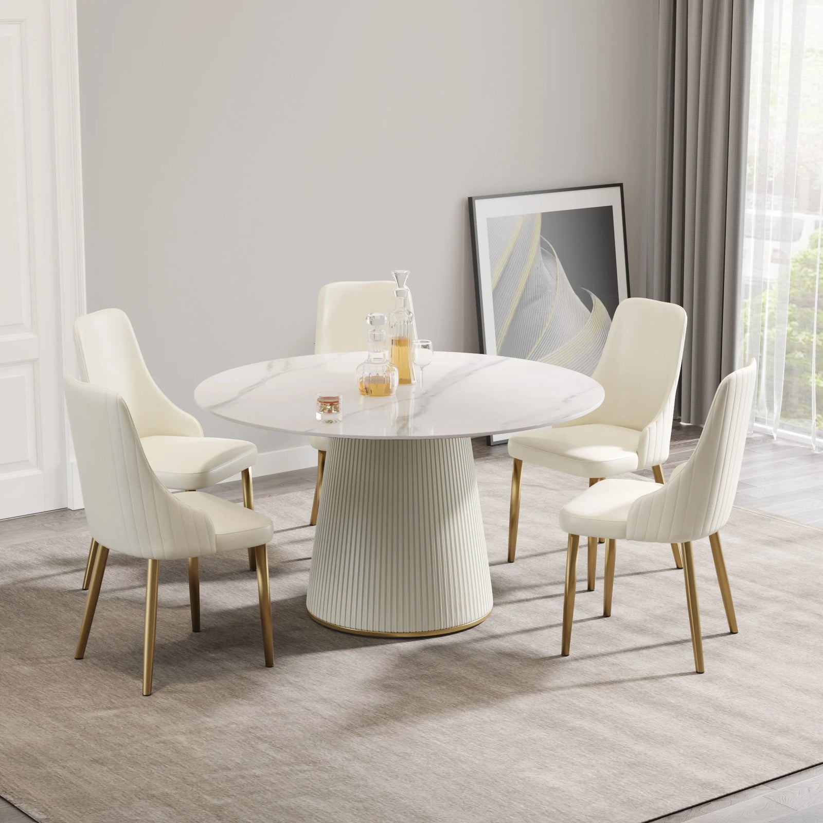 Mesa de comedor Marbella de piedra sinterizada | Redonda de 135 cm (53"), blanca brillante, con base revestida de cuero.