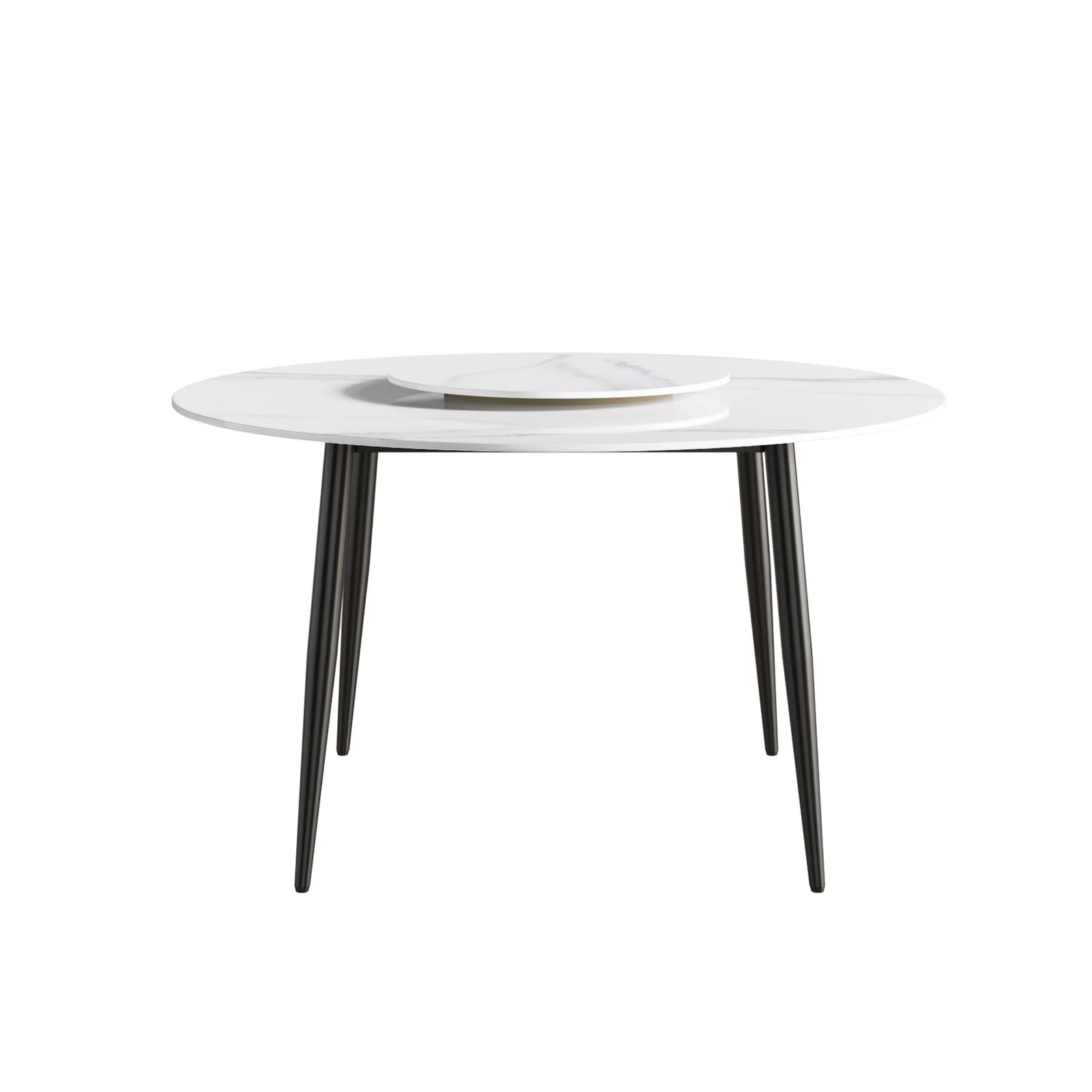 Mesa de comedor Marbella de piedra sinterizada | Redonda de 135 cm (53") en blanco brillante con base de metal y bandeja giratoria