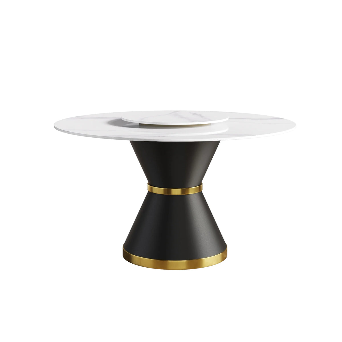Mesa de comedor Marbella de piedra sinterizada | Redonda de 135 cm (53") en blanco brillante con base de metal y bandeja giratoria
