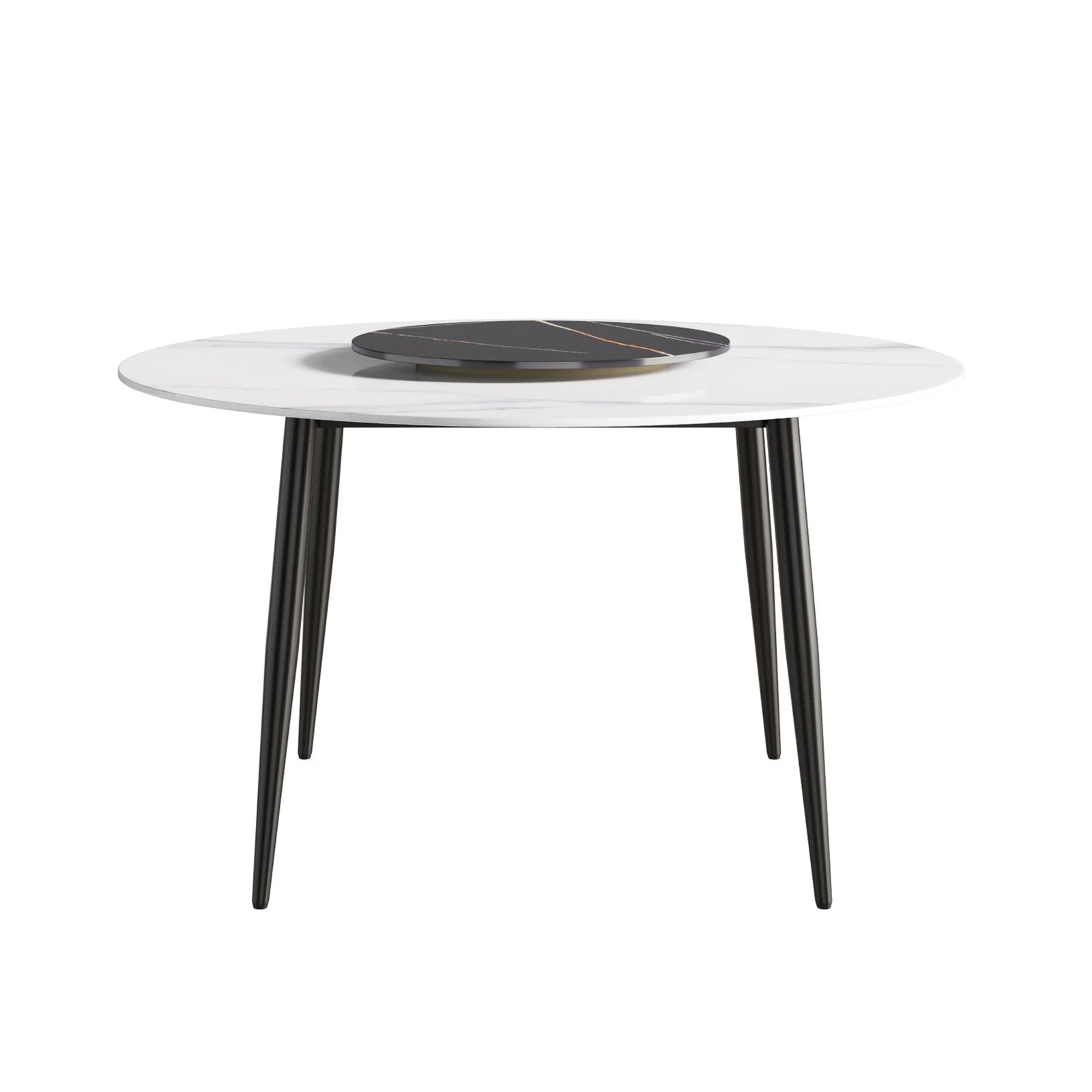 Mesa de comedor Marbella de piedra sinterizada | Redonda de 135 cm (53") en blanco brillante con base de metal y bandeja giratoria